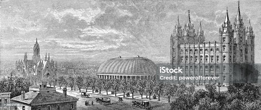 Temple Square in Salt Lake City, Utah - 19th Century High angle cityscape of Temple Square in Salt Lake City the capital of Utah, USA. Vintage etching circa mid 19th century. Mormonism stock illustration