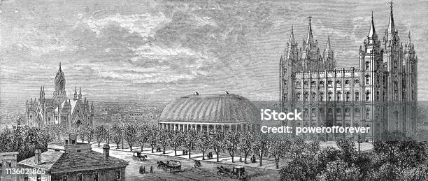 Temple Square In Salt Lake City Utah 19th Century Stock Illustration - Download Image Now