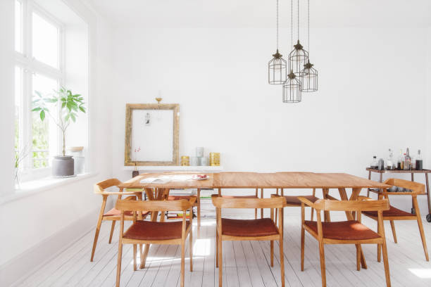 Scandinavian Design Dining Room Interior Interior of Scandinavian style dining room. dining room stock pictures, royalty-free photos & images