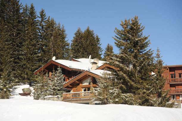 istock Winter scenery with chalet and trees under snow 1136024568
