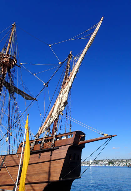 istock Vintage wooden Sailing Ship against a blue sky background 1136024642