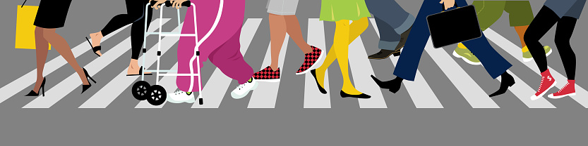 Diverse people's legs crossing a street at a crosswalk, EPS 8 vector illustration