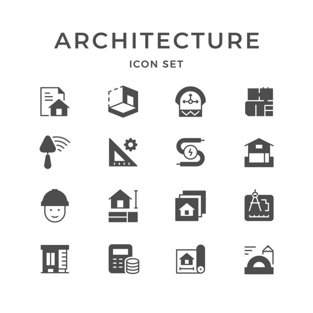 ilustrações, clipart, desenhos animados e ícones de ajuste ícones da arquitetura - drawing compass architecture work tool engineering