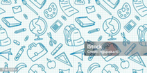 istock Vintage doodle drawing of back to school theme with object stationary of pencil, pen, book, bag, and ruler vector illustration 1136033358