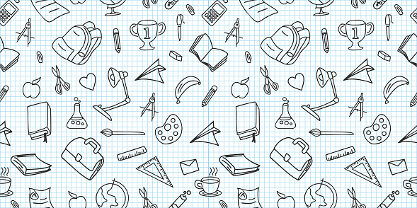 Seamless colored back to school pattern with supplies stationary and creative elements doodle drawing. Creative cute vector illustration black and white colors background.