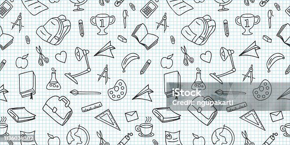 istock Seamless colored back to school pattern with supplies stationary and creative elements doodle drawing. Creative cute vector illustration black and white colors background. 1136034302