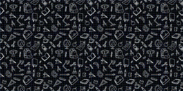 ilustrações de stock, clip art, desenhos animados e ícones de vector seamless back to school pattern with supplies stationary doodle drawing black and white colors - blackboard book education back to school