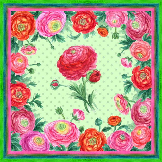 istock A scarf with a spring floral pattern of ranunculus and a stripe along the edges 1136038235