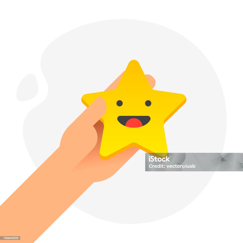 Hand putting five gold stars with smile face on white background. Quality, opinion and success concept. Flat design. Vector illustration Hand putting five gold stars with smile face on white background. Quality, opinion and success concept. Flat design. Vector illustration. Abstract stock vector