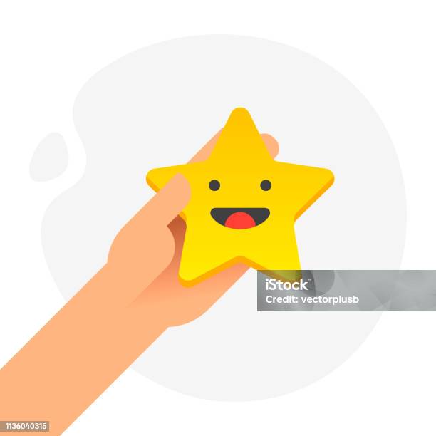 Hand Putting Five Gold Stars With Smile Face On White Background Quality Opinion And Success Concept Flat Design Vector Illustration Stock Illustration - Download Image Now