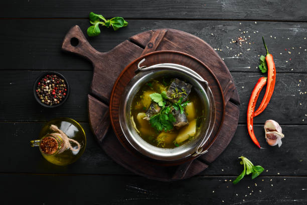 istock Trout fish soup. Ukrainian cuisine. Top view. Free space for your text. Rustic style. 1136043032