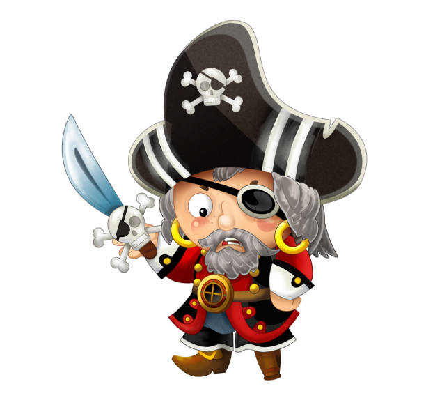 istock cartoon scene with pirate man captain with sword on his back on white background 1136051594
