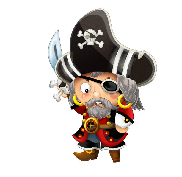 istock cartoon scene with pirate man captain with sword on his back on white background 1136051642