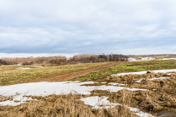 o derretimento da neve nos campos na mola adiantada, no dia ensolarado com céu azul e nas nuvens - snow horizon winter shed - fotografias e filmes do acervo