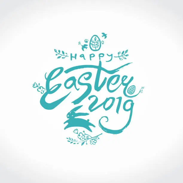 Vector illustration of Happy Easter 2019. Vector illustration easter logo dry brush painting in turquoise color.