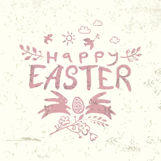 Vector illustration of Happy Easter. Vintage card. Vector illustration with two jumping Easter bunnies, art lettering and floral decor.