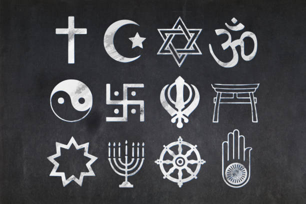 Religious symbols drawn on a blackboard Blackboard with a the main religious symbols drawn in the middle. jainism photos stock pictures, royalty-free photos & images