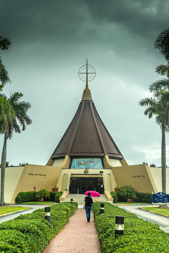 Miami, Florida, USA - March 15, 2019: Rainy day in the surroundings of the famous Ermita de la Caridad del Cobre (Our Lady of Charity) in Miami. With more than 50 years of presence in South Florida, the Shrine stands as a spiritual and evangelizing center where all forms of religiosity, devotion and traditions of Hispanics in the United States are found.