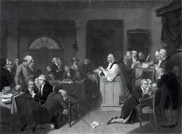 Opening Prayer of the First Continental Congress, September 1774 Vintage engraving features a moment of prayer in the first session of the Continental Congress on September 5, 1774. founder stock illustrations