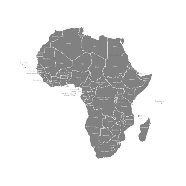 Vector isolated illustration with African continent with borders of all states. Grey political map with countries names. White background and outline Vector isolated illustration with African continent with borders of all states. Grey political map with countries names. White background and outline mauritania stock illustrations