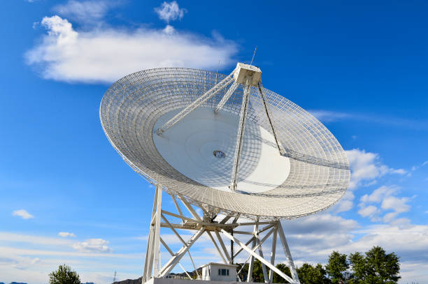istock Array of satellite dishes or radio antennas against sky. Space o 1136062511
