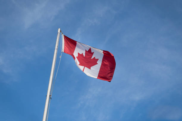 istock Waving Canadian flag against the blue sky. 1136066734