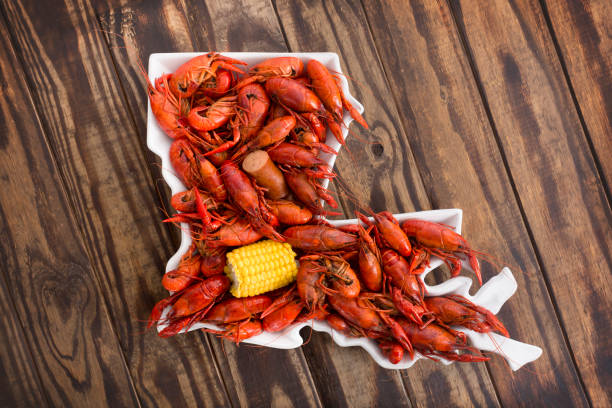 Boiled Crawfish on a Wood Background