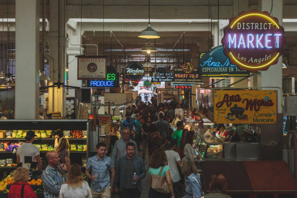 Locals eating and shopping at Grand Central Market in downtown Los Angeles stock photo