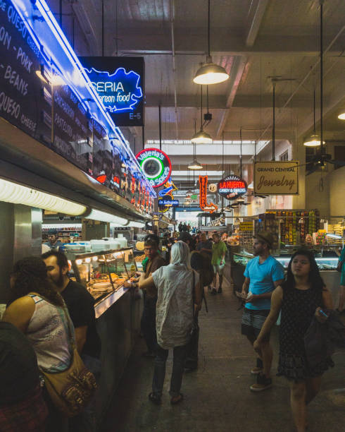 Locals eating and shopping at Grand Central Market in downtown Los Angeles stock photo