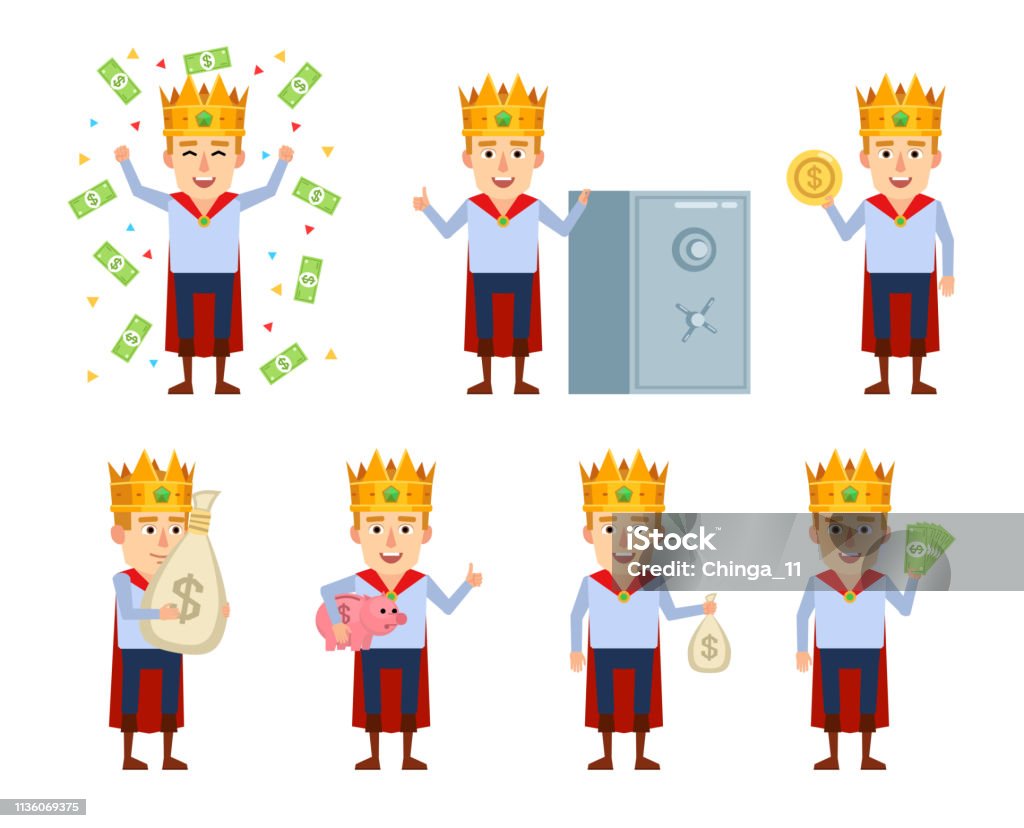 Set of young king characters posing with money in different situations. Cheerful medieval prince holding money bag, piggy bank, coin and showing other actions Flat style vector illustration Bag stock vector