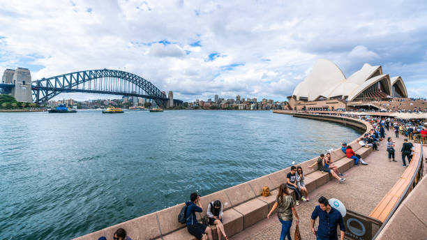 vista grandangolare del lungomare che porta alla sydney opera house con persone e harbour bridge a sydney nsw australia - opera bar foto e immagini stock