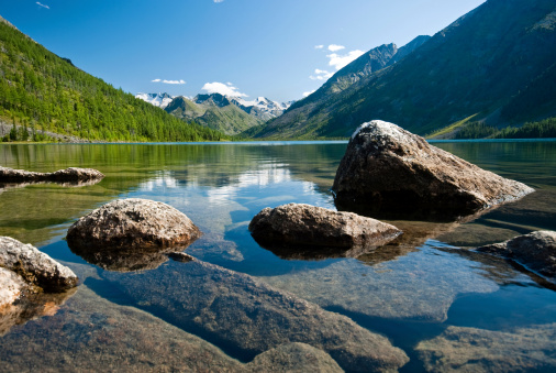 Idyllic nature scenery- turquoise mountain lake Carezza surrounded by Dolomites rocks- one of the most beautiful lakes of Alps. South Tyrol region. Italy