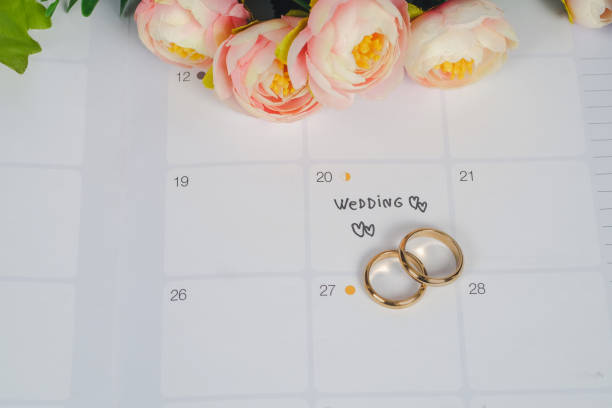 istock Word Wedding to Reminder Wedding day with Wedding ring on calendar planning and office tool. 1136079587