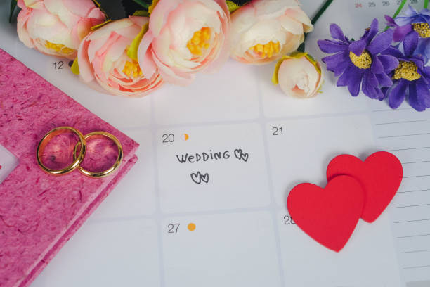istock Word Wedding to Reminder Wedding day with Wedding ring on calendar planning and office tool. 1136079588
