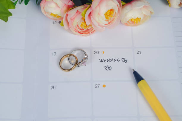 istock Word Wedding to Reminder Wedding day with Wedding ring on calendar planning and office tool. 1136079592