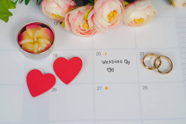 istock Word Wedding to Reminder Wedding day with Wedding ring on calendar planning and office tool. 1136079593