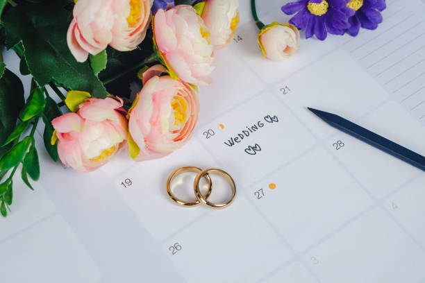 istock Word Wedding to Reminder Wedding day with Wedding ring on calendar planning and office tool. 1136079603