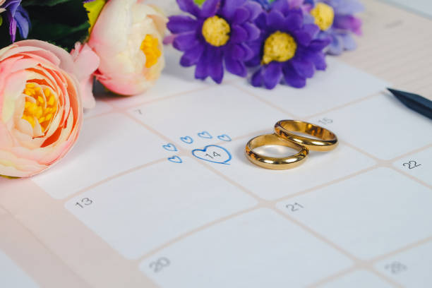 istock Word Wedding to Reminder Wedding day with Wedding ring on calendar planning and office tool. 1136079612