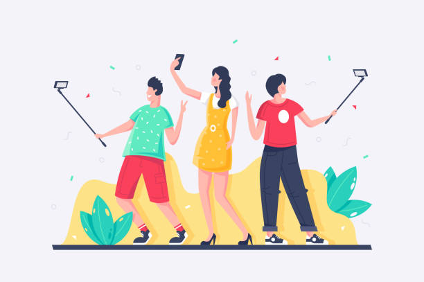 Flat young man, woman, everyone takes selfies with mobile phone. Flat young man, woman, everyone takes selfies with mobile phone. Concept characters with modern clothes with technology device, relationship. Vector illustration. stick plant part photos stock illustrations