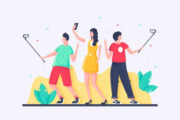 Vector illustration of Flat young man, woman, everyone takes selfies with mobile phone.