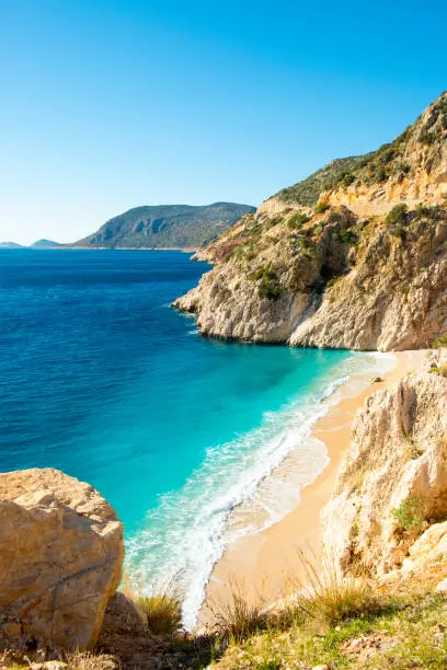 High angle clifftop view turquoise water and nobody on white sand beach Kaputas, Turkey