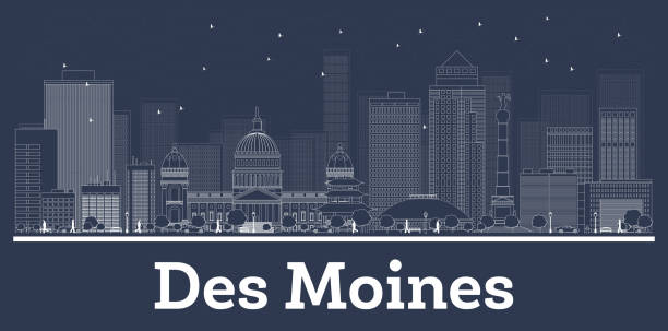 Outline Des Moines Iowa City Skyline with White Buildings. Outline Des Moines Iowa City Skyline with White Buildings. Vector Illustration. Business Travel and Concept with Modern Architecture. Des Moines Cityscape with Landmarks. des moines silhouette stock illustrations