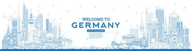 Vector illustration of Outline Welcome to Germany Skyline with Blue Buildings.