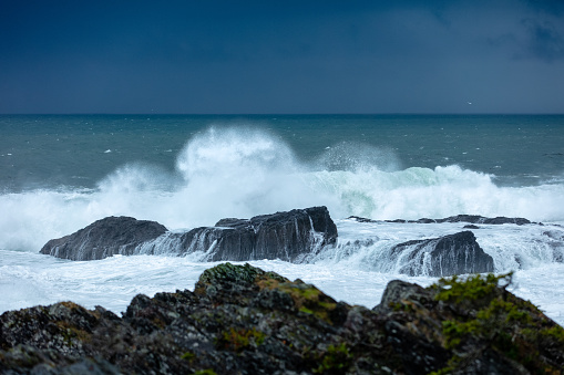 Dark and stormy ocean waves crashing on volcanic rock tide pools during December 2018 winter storm at Botanical Beach, Port Renfrew Vancouver Island BC Canada