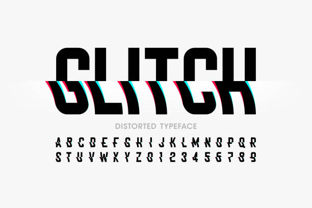 Glitch font with distorted effect Glitch font with distorted effect, alphabet letters and numbers vector illustration distorted font stock illustrations