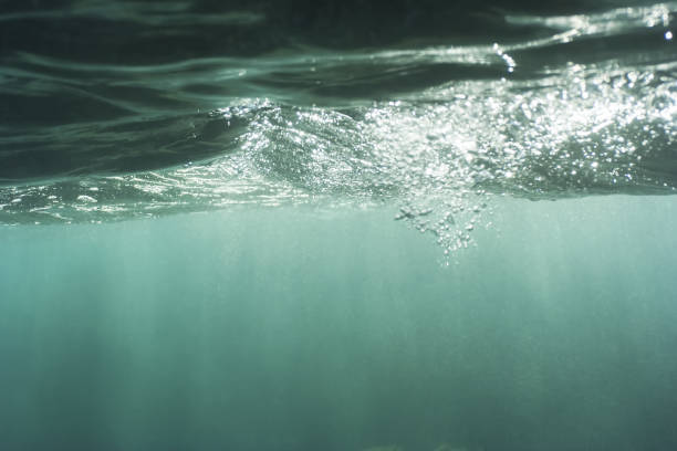 istock Underwater photograph of sunlight through waves on sea surface. 1136097552
