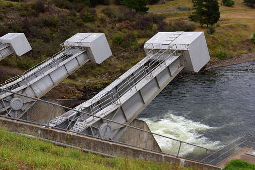 Spillway at Khancoban Dam. The dam's main purpose is for the generation of hydro-power and is one of the sixteen major dams that comprise the Snowy Mountains Scheme, a vast hydroelectricity and irrigation complex constructed in south-east Australia between 1949 and 1974 and now run by Snowy Hydro.