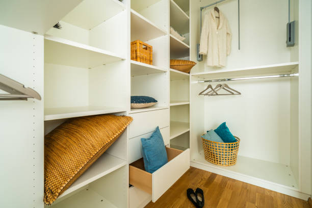 wide angle shot of modern european dressing room - walk-in closet - interior