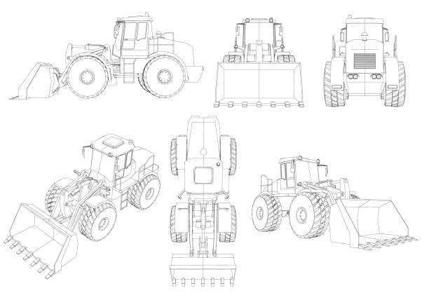 Set with contours of the bulldozer. 3D. Black line bulldozer isolated on white background. Bulldozer from different angles. Vector illustration Set with contours of the bulldozer. 3D. Black line bulldozer isolated on white background. Bulldozer from different angles. Vector illustration. construction vehicle stock illustrations