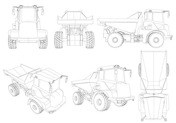 установить с контурами грузовика из черных линий изолированы на белом фоне. 3d. изометрический вид, боковой, передний, верхний. иллюстрация в - construction business built structure earth stock illustrations